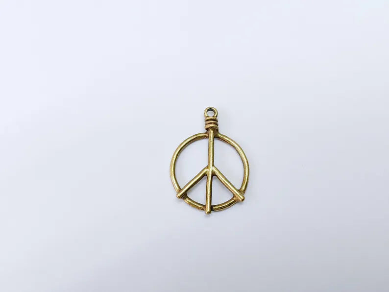 Peace Symbol Pendant Charm, Boho Hippie Jewelry Supply, Spiritual Retro 60s Style Necklace Component, Antique Bronze Plated 34x24mm G37107