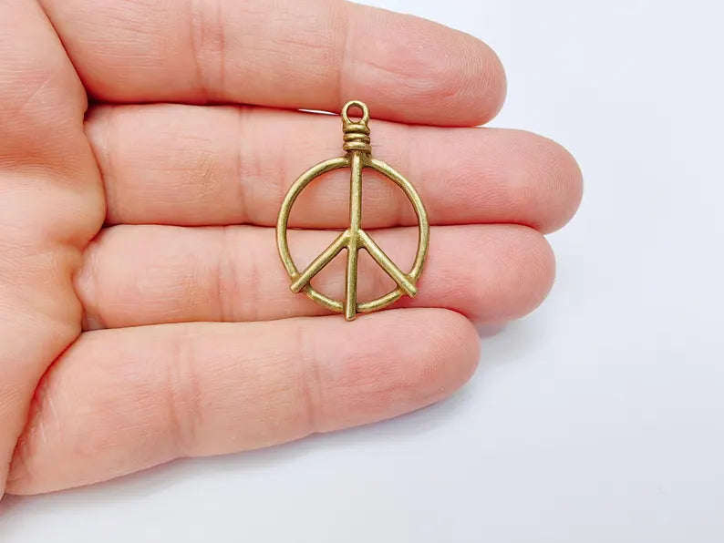Peace Symbol Pendant Charm, Boho Hippie Jewelry Supply, Spiritual Retro 60s Style Necklace Component, Antique Bronze Plated 34x24mm G37107