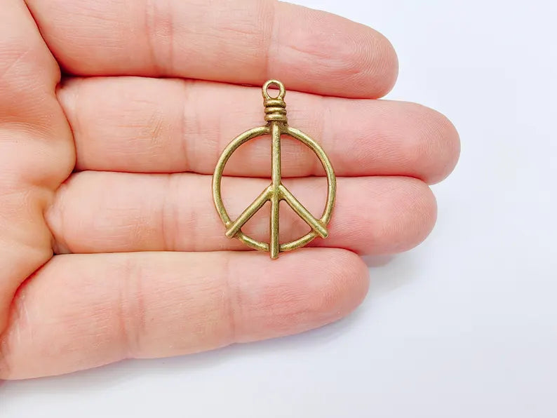 Peace Symbol Pendant Charm, Boho Hippie Jewelry Supply, Spiritual Retro 60s Style Necklace Component, Antique Bronze Plated 34x24mm G37107
