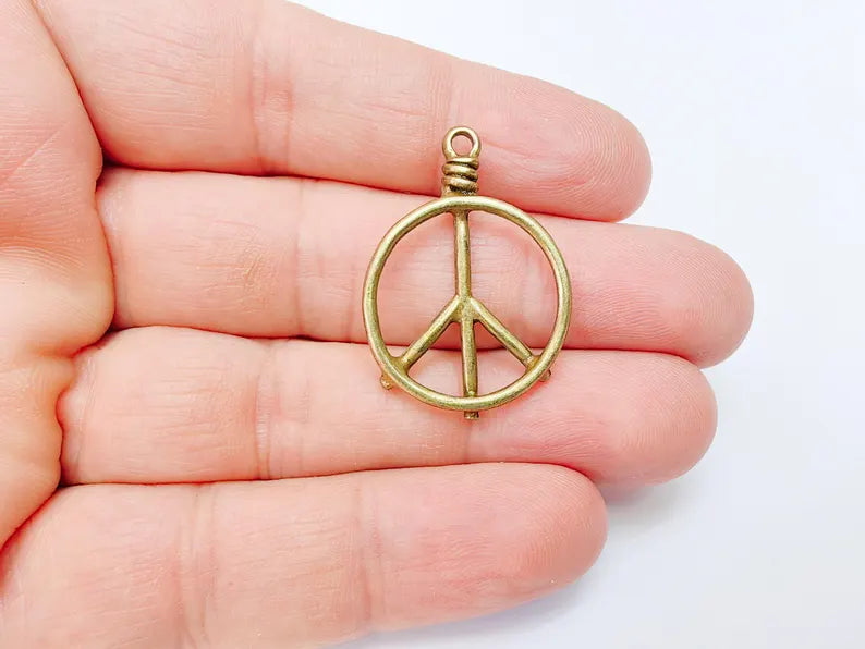 Peace Symbol Pendant Charm, Boho Hippie Jewelry Supply, Spiritual Retro 60s Style Necklace Component, Antique Bronze Plated 34x24mm G37107