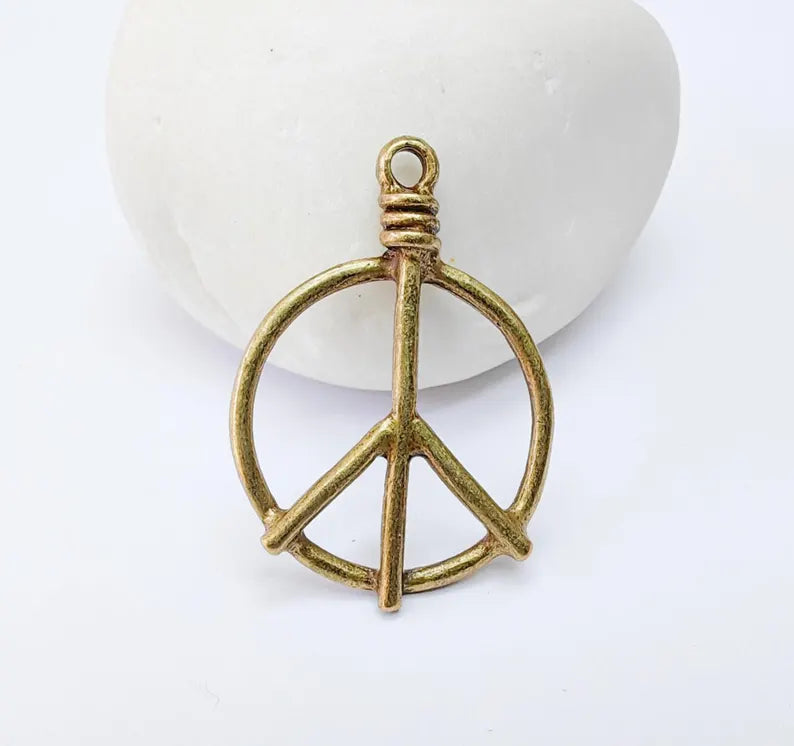 Peace Symbol Pendant Charm, Boho Hippie Jewelry Supply, Spiritual Retro 60s Style Necklace Component, Antique Bronze Plated 34x24mm G37107