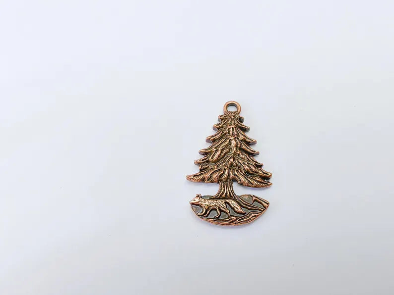 Fox and Tree Charm, Wolf Pine Tree Pendant, Wilderness Nature Earring, Boho Necklace Outdoor Accessory, Antique Copper Plated 36x23mm G37108