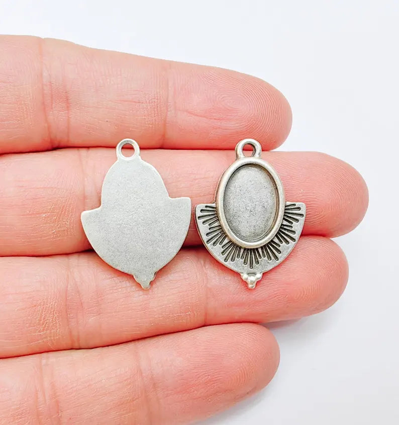 Silver Charms Blank Resin Bezel Mounting Cabochon Base Setting Antique Silver Plated Charms (14x10mm Blank) G37045