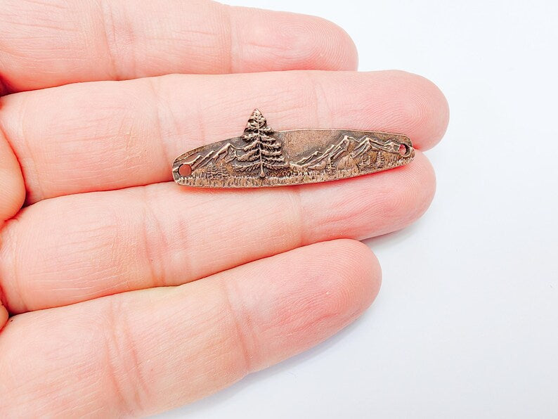Mountain Tree Bar Pendant Connector, Forest Landscape Bracelet Charm, Nature Outdoor Necklace Jewelry, Antique Copper Plated 44x13mm G37109