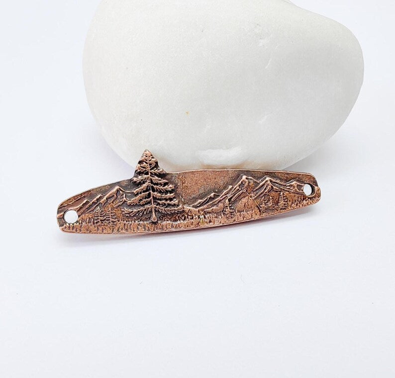 Mountain Tree Bar Pendant Connector, Forest Landscape Bracelet Charm, Nature Outdoor Necklace Jewelry, Antique Copper Plated 44x13mm G37109