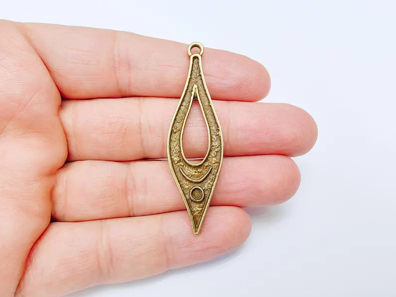 Boho Dangle Charm, Moon Pendant with Crescent and Circle Symbols, Spiritual Necklace Component, Antique Bronze Plated 60x17mm G37110