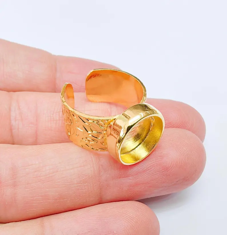 Shiny Gold Ring Setting, Cabochon Blank, Resin Bezel, Round Ring Mounting, Epoxy Frame Base, Adjustable Gold Plated 12mm G37111
