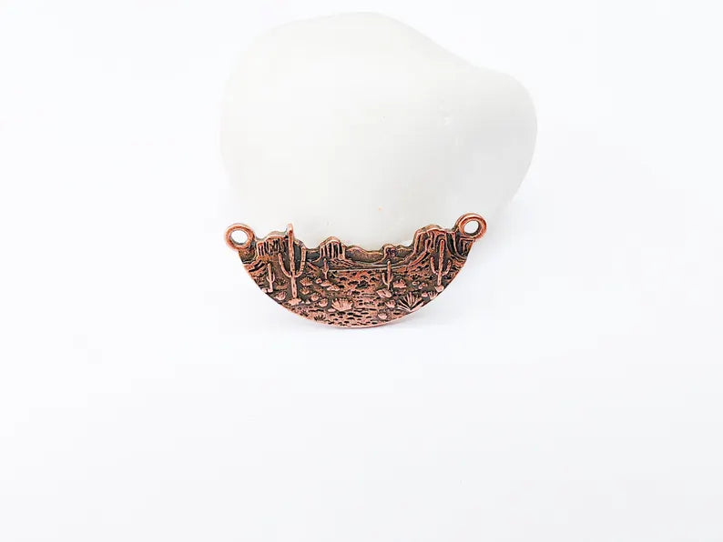 Desert Landscape Pendant Connector, Cactus Mountain Charms, Two Hole Charm for Boho and Nature Charm, Antique Copper Plated 36x16mm G37113