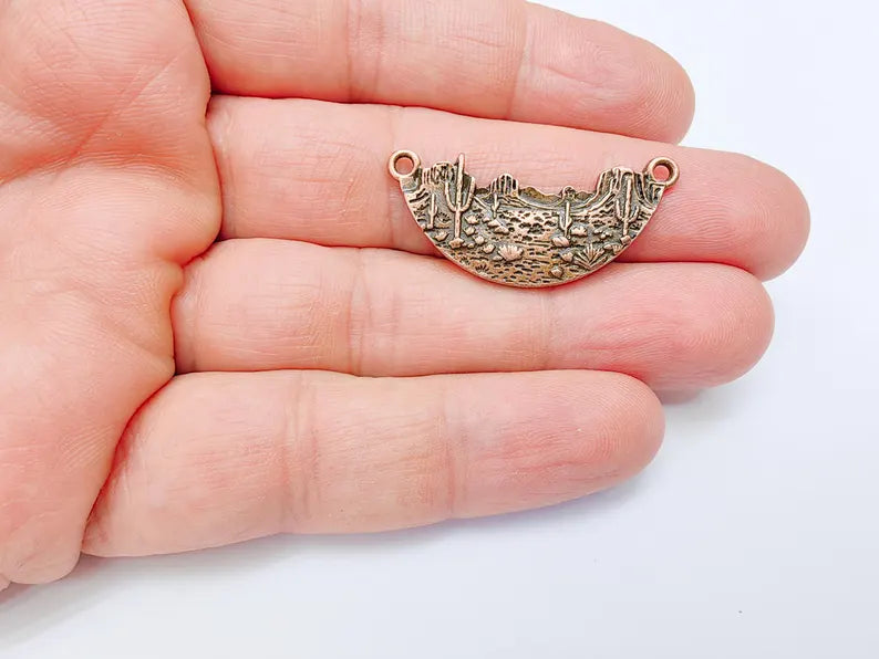 Desert Landscape Pendant Connector, Cactus Mountain Charms, Two Hole Charm for Boho and Nature Charm, Antique Copper Plated 36x16mm G37113