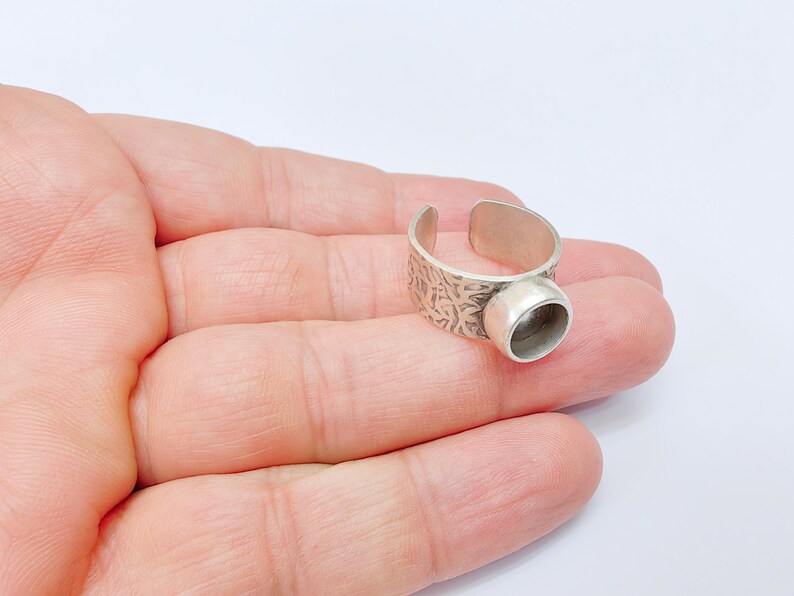 Round Ring Blank Setting, Cabochon Mounting, Resin Ring Base Bezels, Inlay Ring Mosaic Bezel Cup, Adjustable Antique Silver Ring 8mm G37114