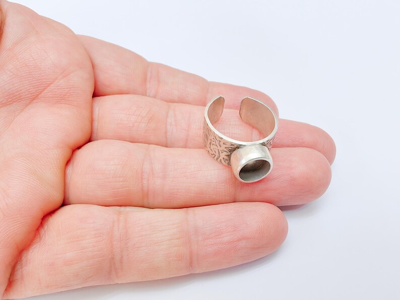 Round Ring Blank Setting, Cabochon Mounting, Resin Ring Base Bezels, Inlay Ring Mosaic Bezel Cup, Adjustable Antique Silver Ring 8mm G37114