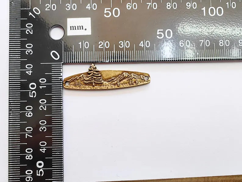 Mountain Tree Bar Pendant Connector, Forest Landscape Bracelet Charm, Nature Outdoor Necklace Jewelry, Antique Bronze Plated 44x13mm G37118