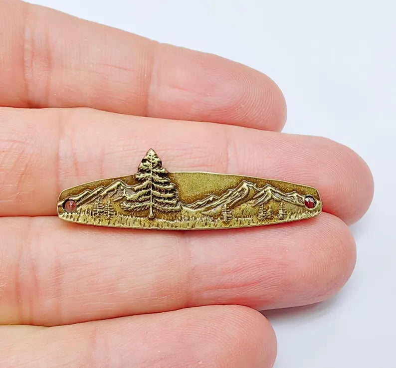 Mountain Tree Bar Pendant Connector, Forest Landscape Bracelet Charm, Nature Outdoor Necklace Jewelry, Antique Bronze Plated 44x13mm G37118
