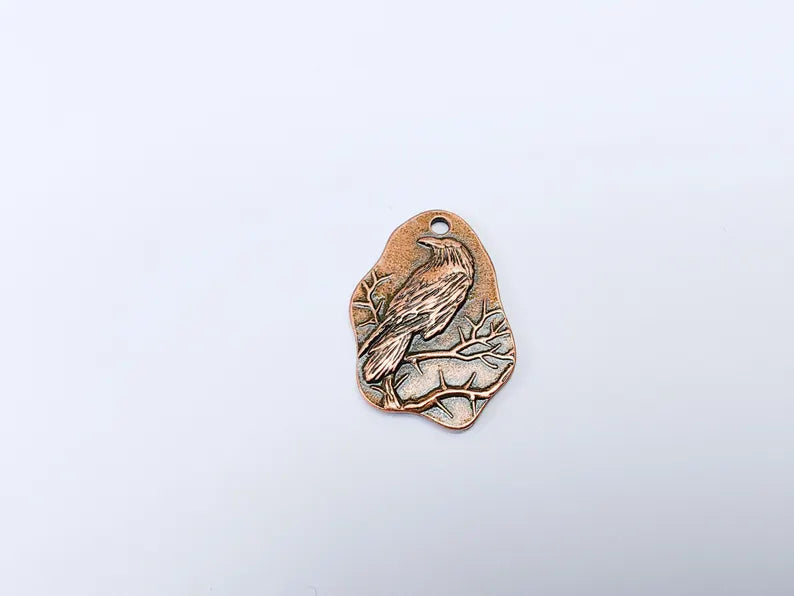 Raven Charm Charm, Gothic Boho Pendant, Bird on Branch Charm, Earring Charm, Crow Mystical Necklace, Antique Copper Plated 30x22mm G37119