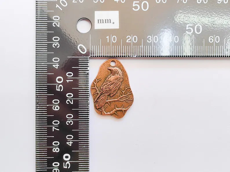Raven Charm Charm, Gothic Boho Pendant, Bird on Branch Charm, Earring Charm, Crow Mystical Necklace, Antique Copper Plated 30x22mm G37119