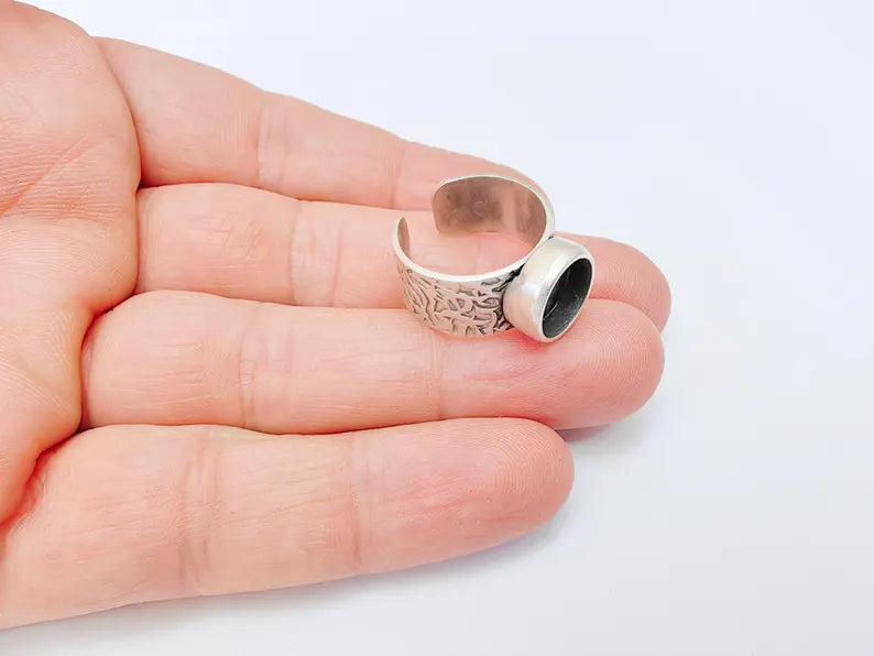 Round Ring Blank Setting, Cabochon Mounting, Resin Ring Base Bezels, Inlay Ring Mosaic Bezel Cup, Adjustable Antique Silver Ring 10mm G37120