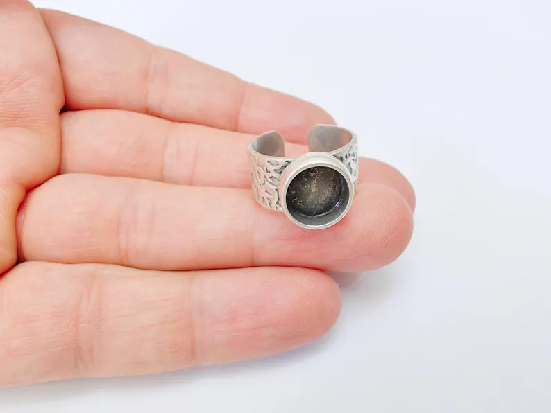 Round Ring Blank Setting, Cabochon Mounting, Resin Ring Base Bezels, Inlay Ring Mosaic Bezel Cup, Adjustable Antique Silver Ring 10mm G37120