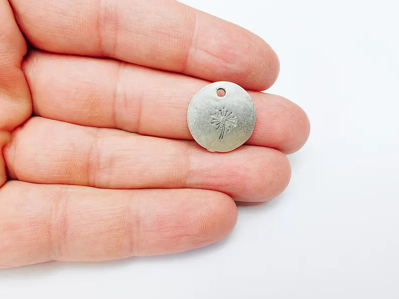 2 Dandelion Charm, Round Pendant, Boho Nature Necklace, DIY Jewelry Making, Minimalist Gift, Antique Silver Plated Zamac 19mm G37121