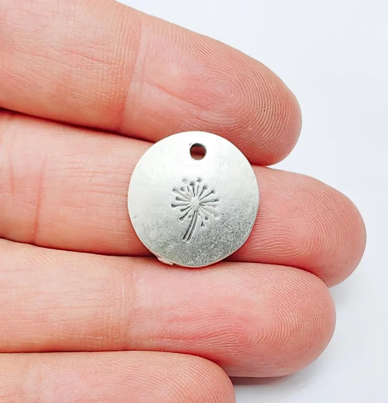 2 Dandelion Charm, Round Pendant, Boho Nature Necklace, DIY Jewelry Making, Minimalist Gift, Antique Silver Plated Zamac 19mm G37121