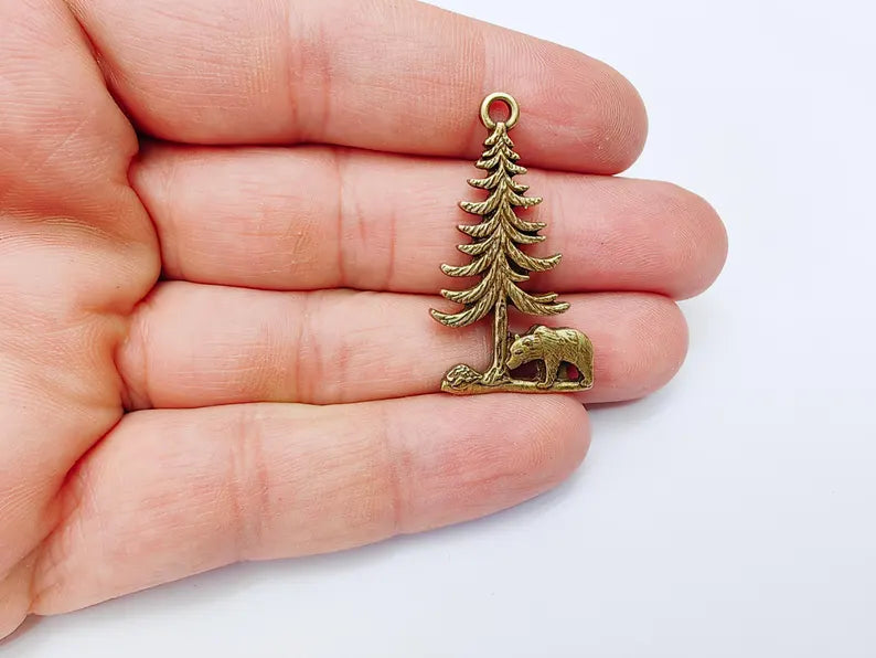 Bear and Tree Pendant, Forest Wildlife Charm, Hiking Camping Jewelry, Nature Earring, Rustic Outdoor, Antique Bronze Plated 39x21mm G37123