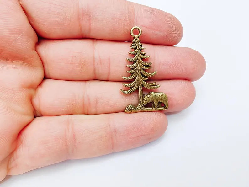 Bear and Tree Pendant, Forest Wildlife Charm, Hiking Camping Jewelry, Nature Earring, Rustic Outdoor, Antique Bronze Plated 39x21mm G37123