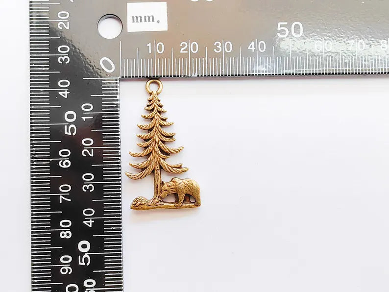 Bear and Tree Pendant, Forest Wildlife Charm, Hiking Camping Jewelry, Nature Earring, Rustic Outdoor, Antique Bronze Plated 39x21mm G37123