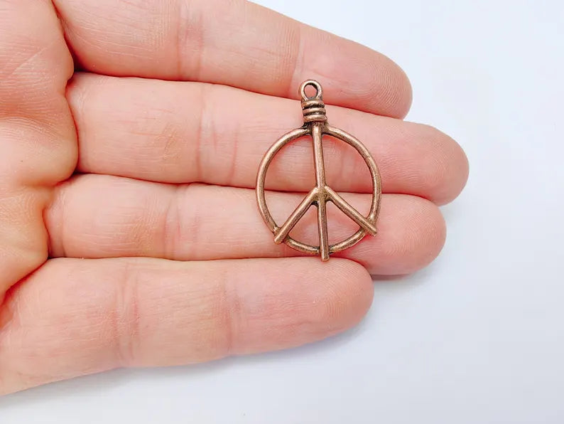 Peace Symbol Pendant Charm, Boho Hippie Jewelry Supply, Spiritual Retro 60s Style Necklace Component, Antique Copper Plated 34x24mm G37125