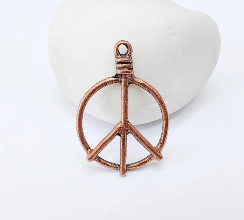 Peace Symbol Pendant Charm, Boho Hippie Jewelry Supply, Spiritual Retro 60s Style Necklace Component, Antique Copper Plated 34x24mm G37125