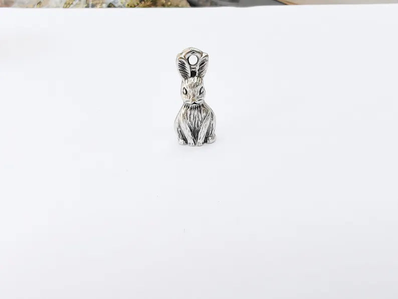 2 Rabbit Charm, Woodland Bunny Pendant, Earring Charms, Animal Jewelry Findings, Boho DIY Charm, Antique Silver Plated Zamac 25x10mm G37126