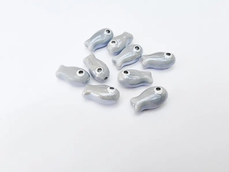 2 Porcelain Fish Beads, Ceramic Fish Beads, Gray Beads for Jewelry Making, Cute Fish Beads for DIY Crafts and Accessories 19x10mm G37130