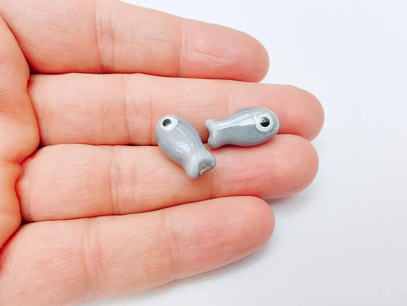2 Porcelain Fish Beads, Ceramic Fish Beads, Gray Beads for Jewelry Making, Cute Fish Beads for DIY Crafts and Accessories 19x10mm G37130