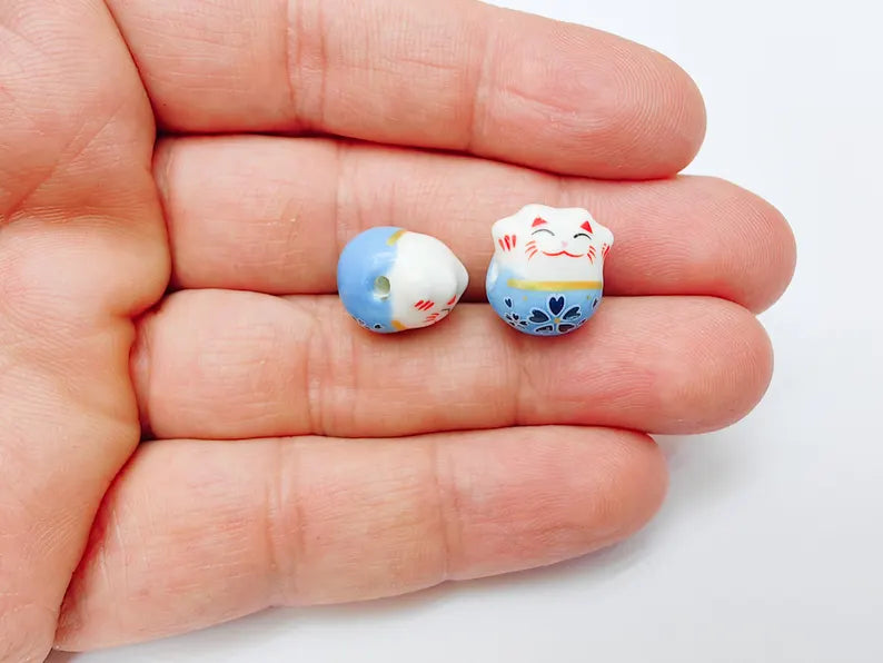 2 Porcelain Cat Bead, Blue White Ceramic Animal Beads, Cute Cat Beads, Flower Bead, DIY Jewelry Making, Kids Craft Supplies, 14x13mm G37131