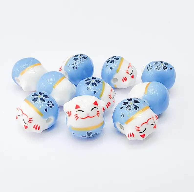 2 Porcelain Cat Bead, Blue White Ceramic Animal Beads, Cute Cat Beads, Flower Bead, DIY Jewelry Making, Kids Craft Supplies, 14x13mm G37131