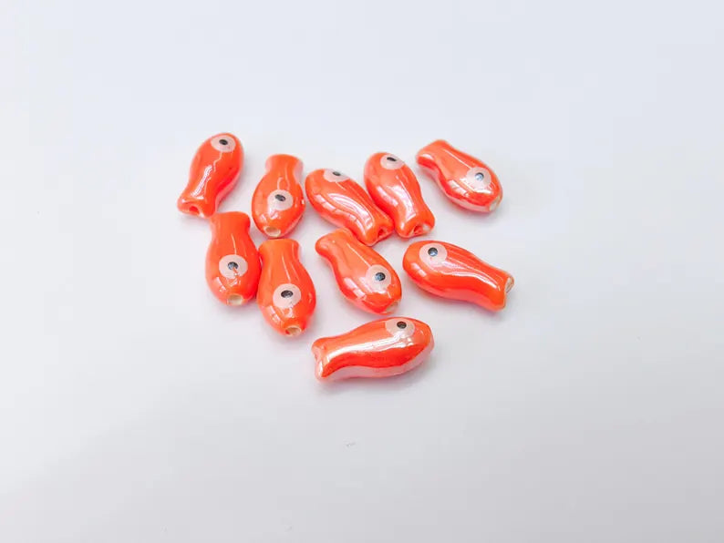 2 Porcelain Fish Beads, Ceramic Fish Beads, Orange Beads for Jewelry Making, Cute Fish Beads for DIY Crafts and Accessories 19x10mm G37132
