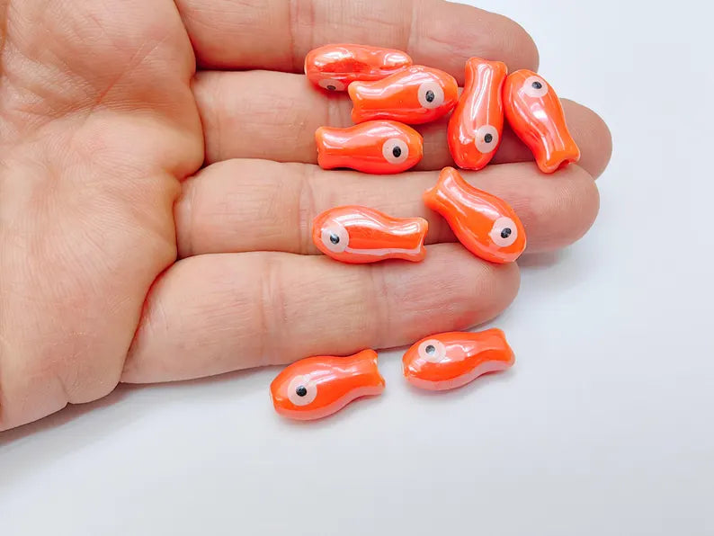 2 Porcelain Fish Beads, Ceramic Fish Beads, Orange Beads for Jewelry Making, Cute Fish Beads for DIY Crafts and Accessories 19x10mm G37132