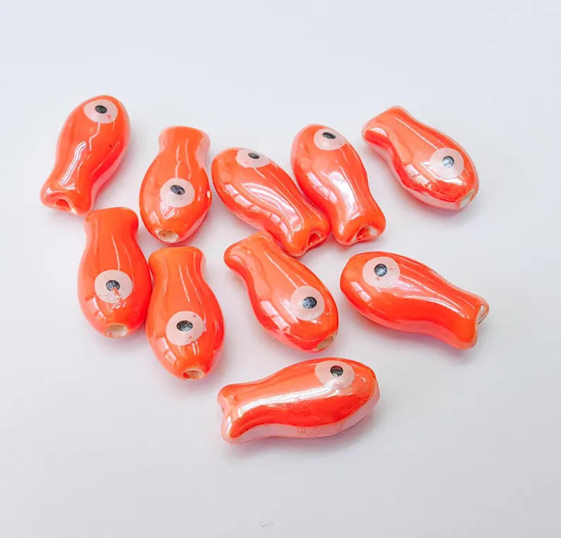2 Porcelain Fish Beads, Ceramic Fish Beads, Orange Beads for Jewelry Making, Cute Fish Beads for DIY Crafts and Accessories 19x10mm G37132
