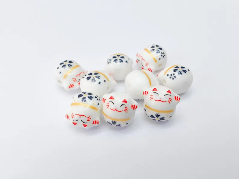 2 Porcelain Cat Bead, White Ceramic Animal Beads, Cute Cat Beads, Flower Bead, DIY Jewelry Making, Kids Craft Supplies, 14x13mm G37133