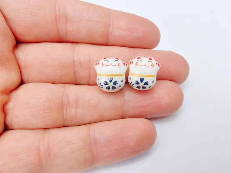 2 Porcelain Cat Bead, White Ceramic Animal Beads, Cute Cat Beads, Flower Bead, DIY Jewelry Making, Kids Craft Supplies, 14x13mm G37133