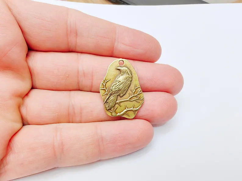 Raven Charm Charm, Gothic Boho Pendant, Bird on Branch Charm, Earring Charm, Crow Mystical Necklace, Antique Bronze Plated 30x22mm G37134