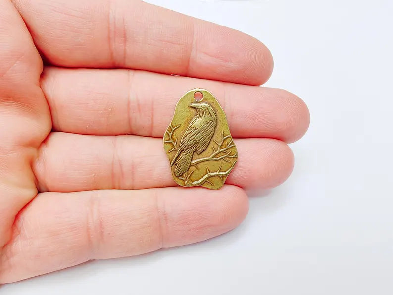 Raven Charm Charm, Gothic Boho Pendant, Bird on Branch Charm, Earring Charm, Crow Mystical Necklace, Antique Bronze Plated 30x22mm G37134