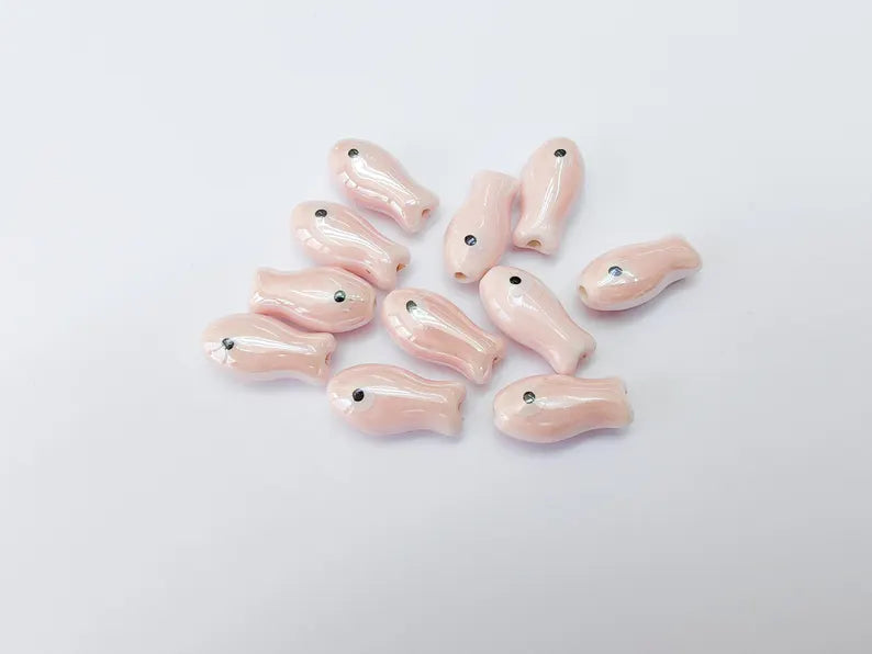Porcelain Fish Beads, Ceramic Fish Beads, Pink 2 Beads for Jewelry Making, Cute Fish Beads for DIY Crafts and Accessories 19x10mm G37137