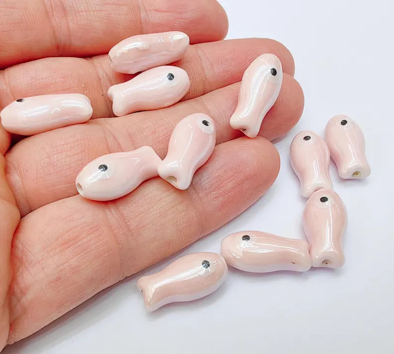 Porcelain Fish Beads, Ceramic Fish Beads, Pink 2 Beads for Jewelry Making, Cute Fish Beads for DIY Crafts and Accessories 19x10mm G37137