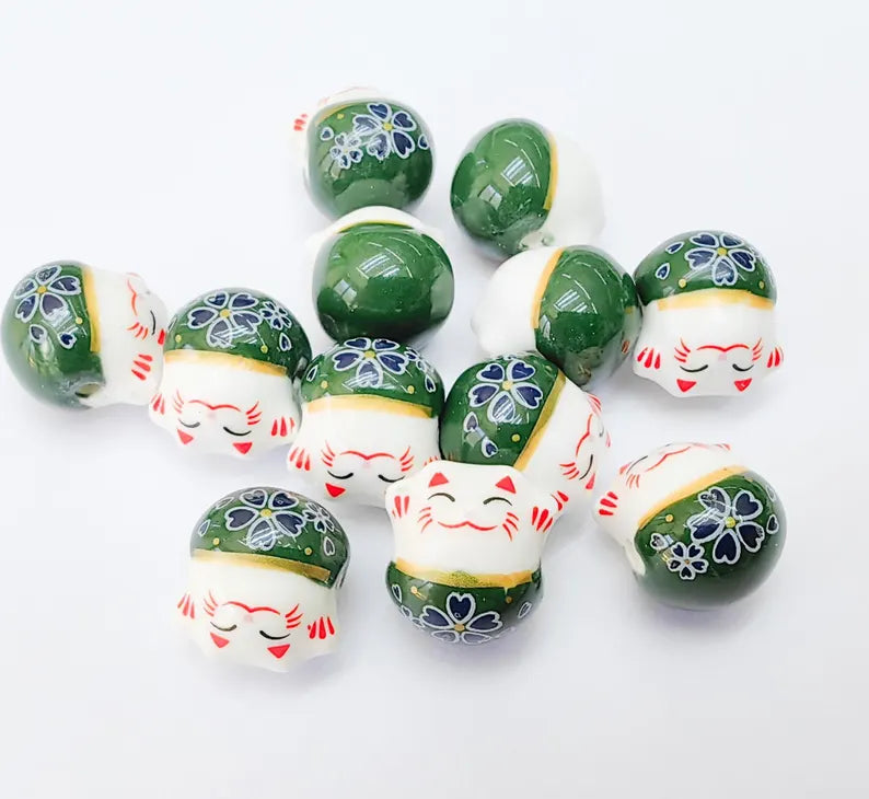 2 Porcelain Cat Bead, Green White Ceramic Animal Beads, Cute Cat Beads, Flower Bead, DIY Jewelry Making, Kids Craft Supplies, 14x13mm G37138