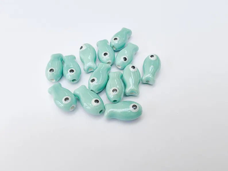 2 Porcelain Fish Beads, Ceramic Fish Beads, Turquoise Beads for Jewelry Making, Cute Fish Beads for DIY Crafts and Accessories 19x10mm G37141