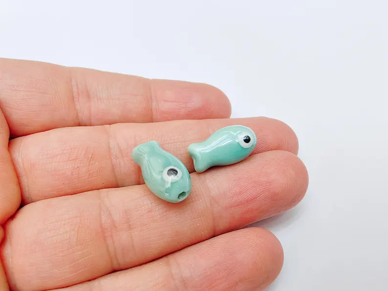 2 Porcelain Fish Beads, Ceramic Fish Beads, Turquoise Beads for Jewelry Making, Cute Fish Beads for DIY Crafts and Accessories 19x10mm G37141