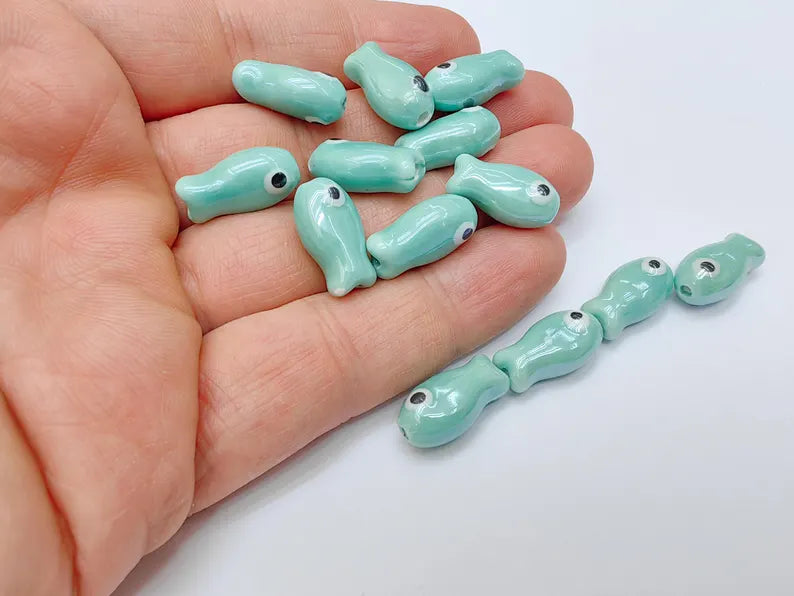 2 Porcelain Fish Beads, Ceramic Fish Beads, Turquoise Beads for Jewelry Making, Cute Fish Beads for DIY Crafts and Accessories 19x10mm G37141
