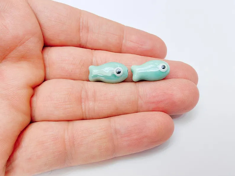 2 Porcelain Fish Beads, Ceramic Fish Beads, Turquoise Beads for Jewelry Making, Cute Fish Beads for DIY Crafts and Accessories 19x10mm G37141