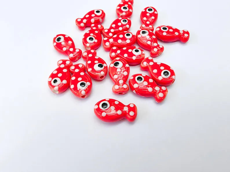 4 Porcelain Fish Beads, Red with White Dots, Ceramic Animal Beads, Flat Back, Cute Fish Charms, Jewelry Making Supplies 19x10mm G37052