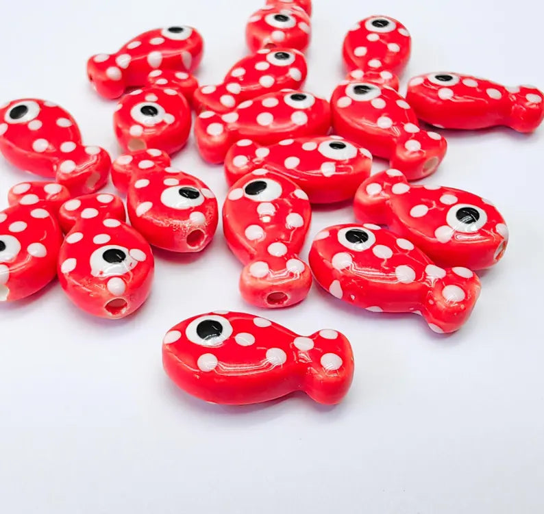 4 Porcelain Fish Beads, Red with White Dots, Ceramic Animal Beads, Flat Back, Cute Fish Charms, Jewelry Making Supplies 19x10mm G37052