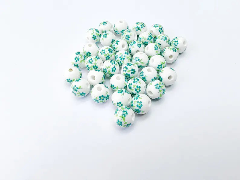 10 Round Flower Porcelain Bead, White and Green Ceramic Beads with Floral Print, Glossy Surface, Romantic Style, DIY Jewelry Making 10mm G37053